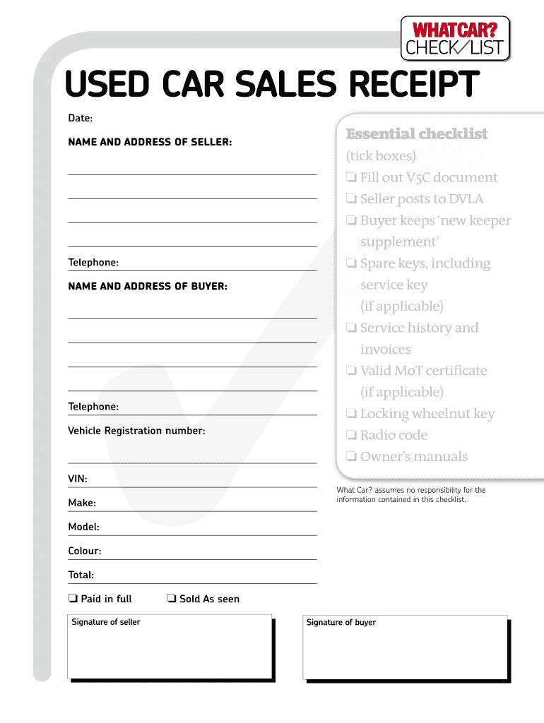 sample car private sale receipt template