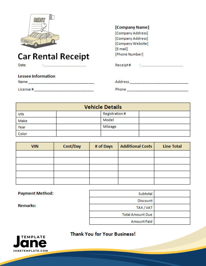 Printable Car Rental Receipt Template