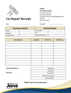 Printable Car Repair Receipt Template