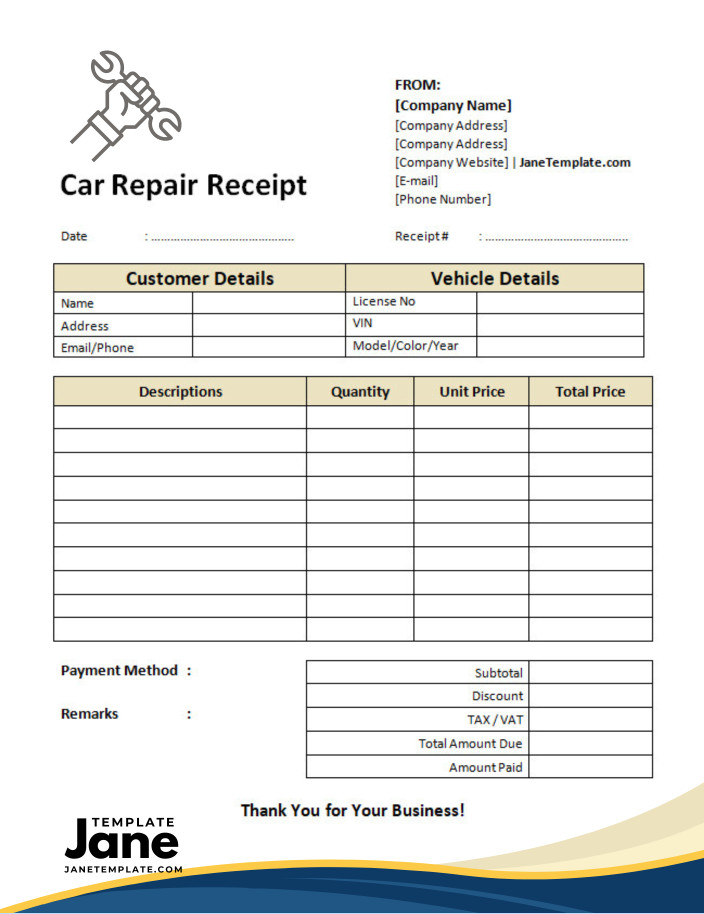 Printable Car Repair Receipt Template 0365