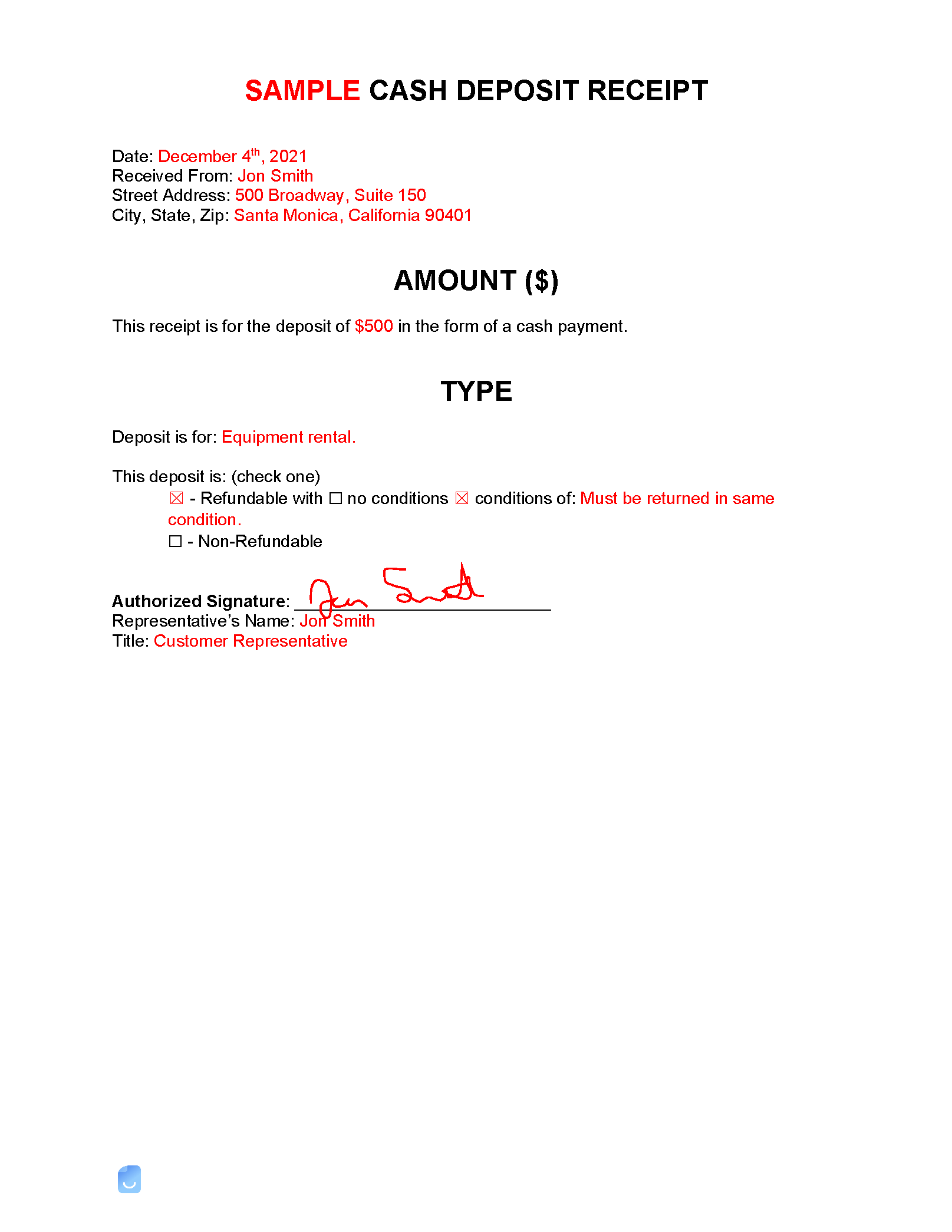 sample deposit receipt template