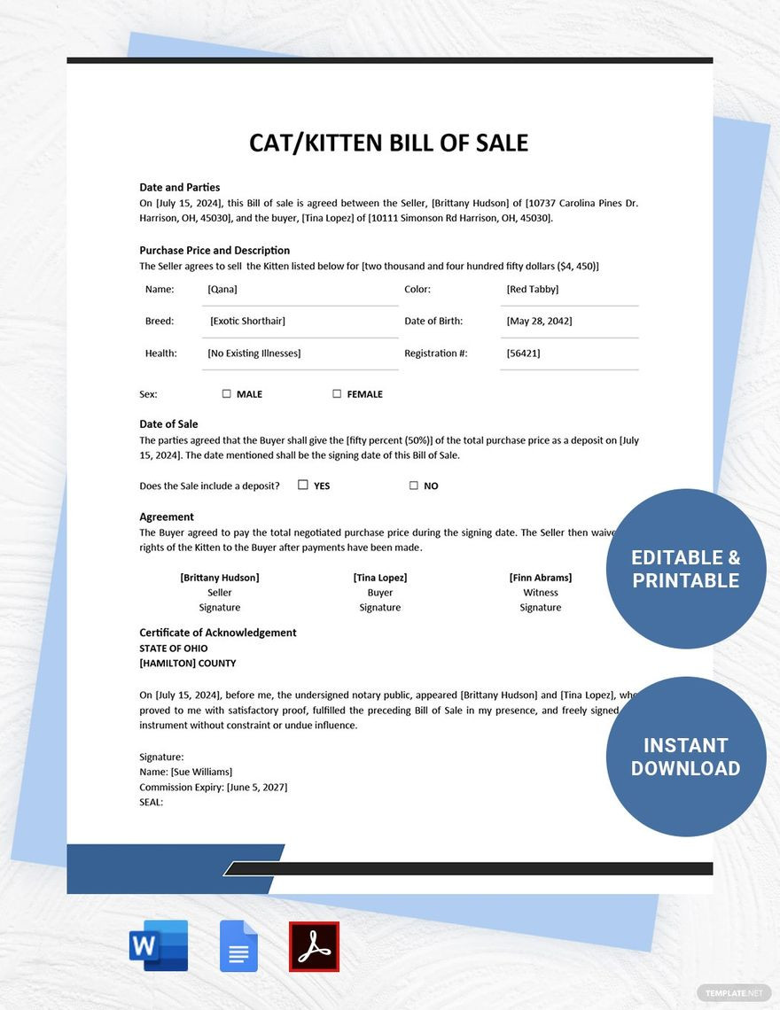 sample Cat/Kitten Bill of Sale Form