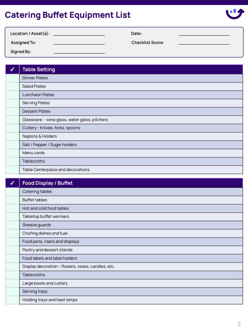 sample catering checklist template