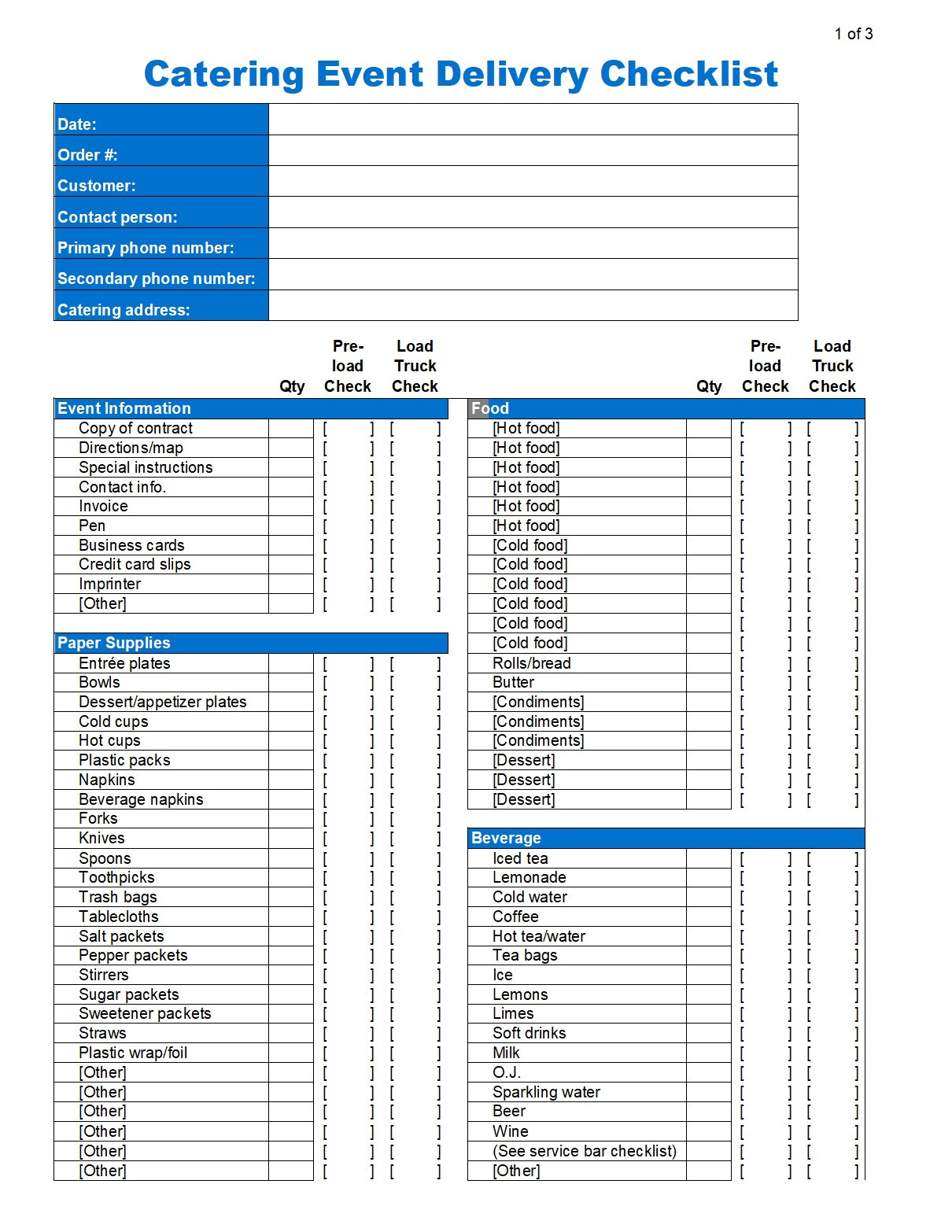 sample catering checklist template