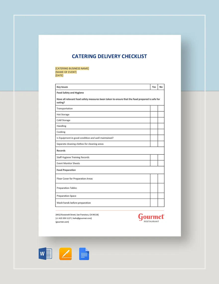 sample catering checklist template