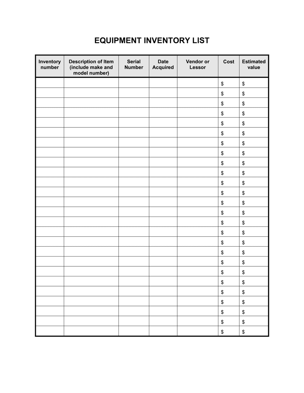 sample equipment checklist template