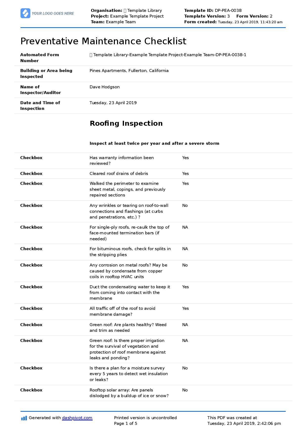 sample maintenance checklist template