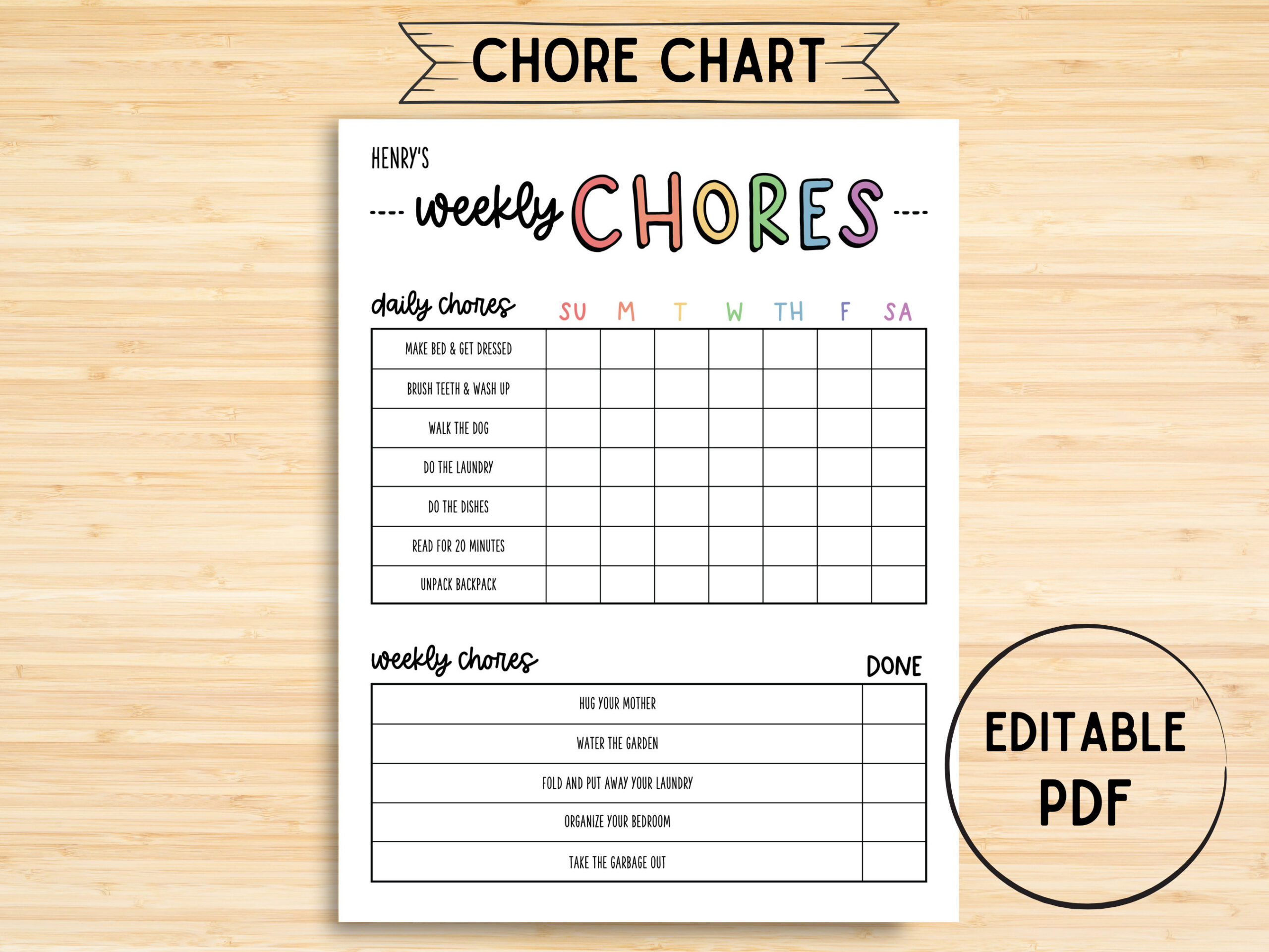 sample weekly chore chart template