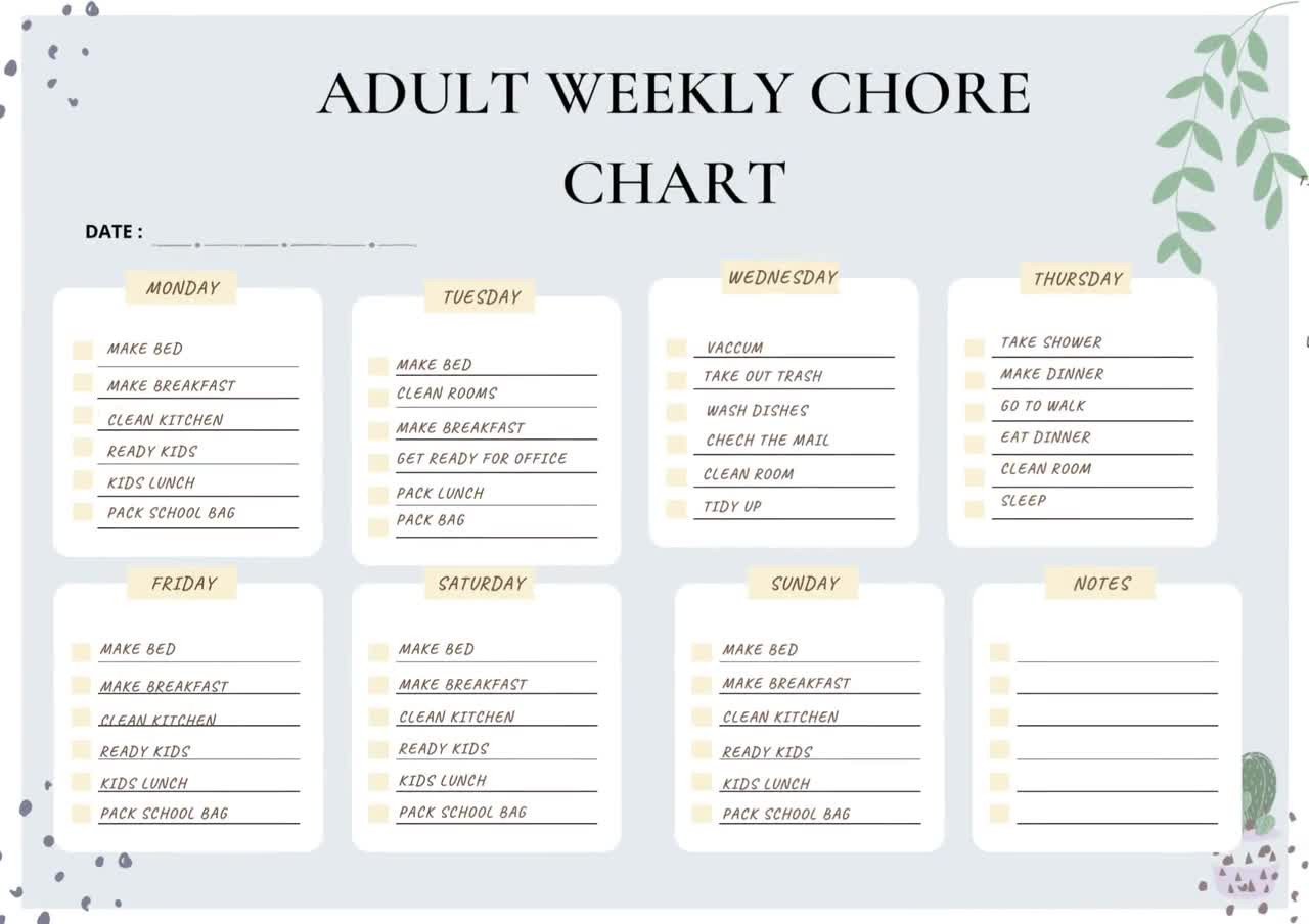 sample chore chart for adults template