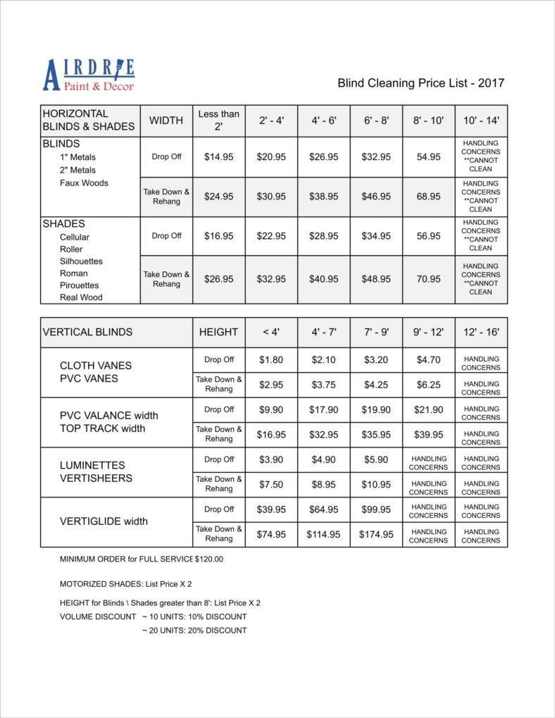 sample commercial cleaning services price list template