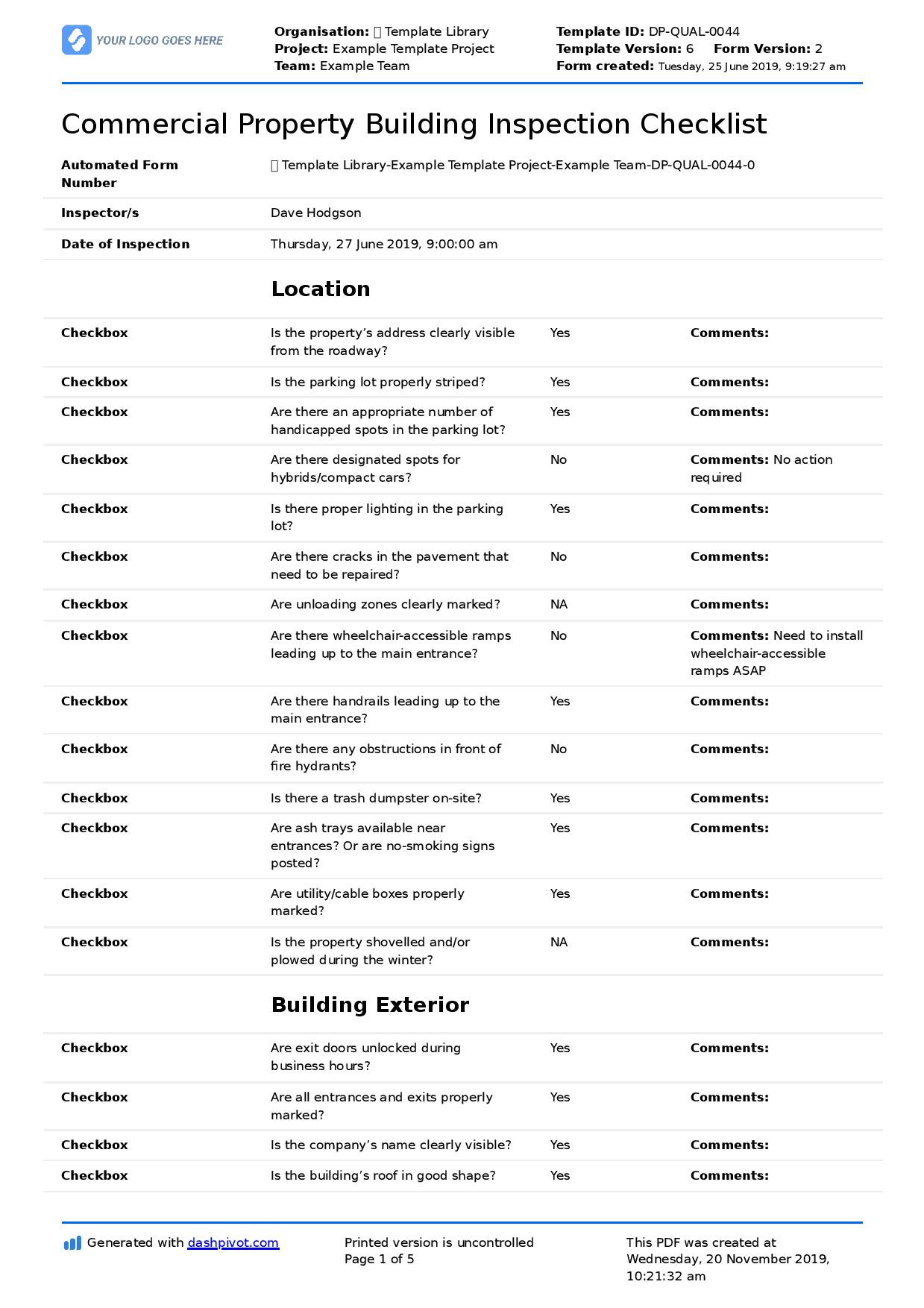 sample Building Checklist Template