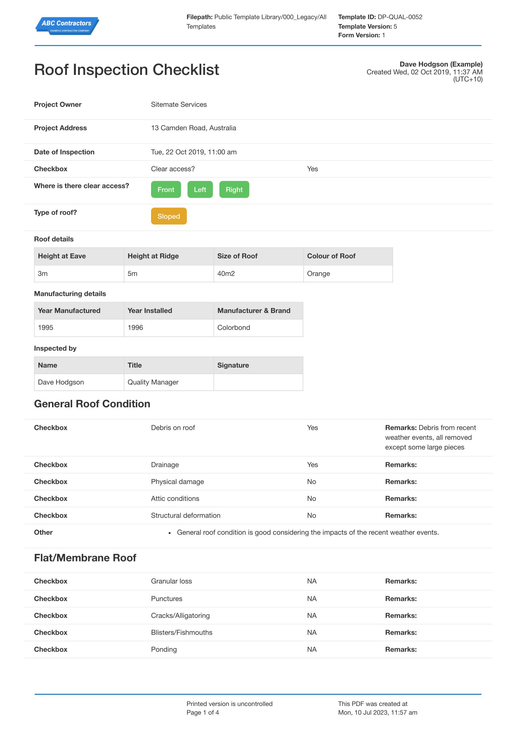 sample Roofing Checklist Template