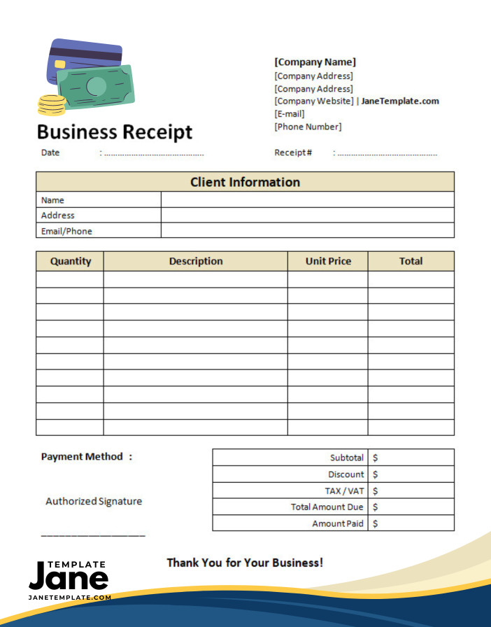 Example of printable blank company receipt template