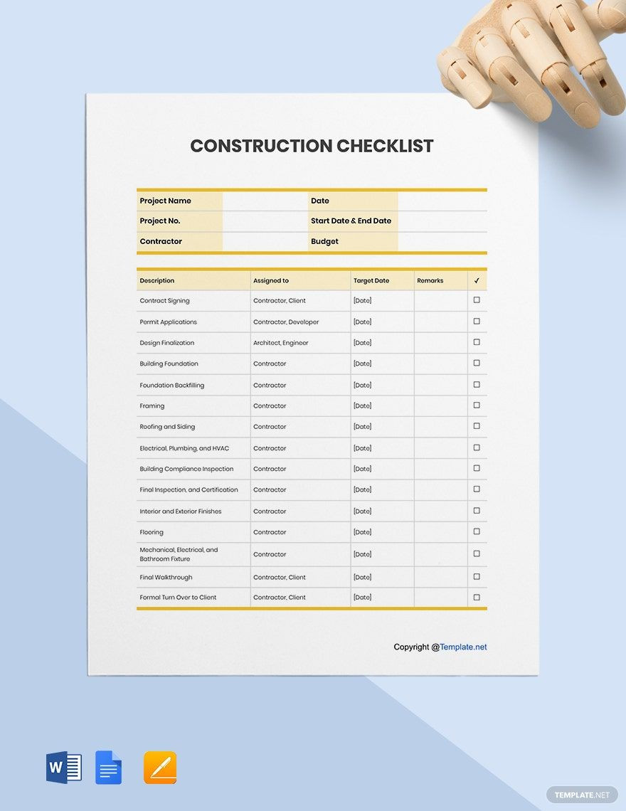 sample Construction Checklist Template