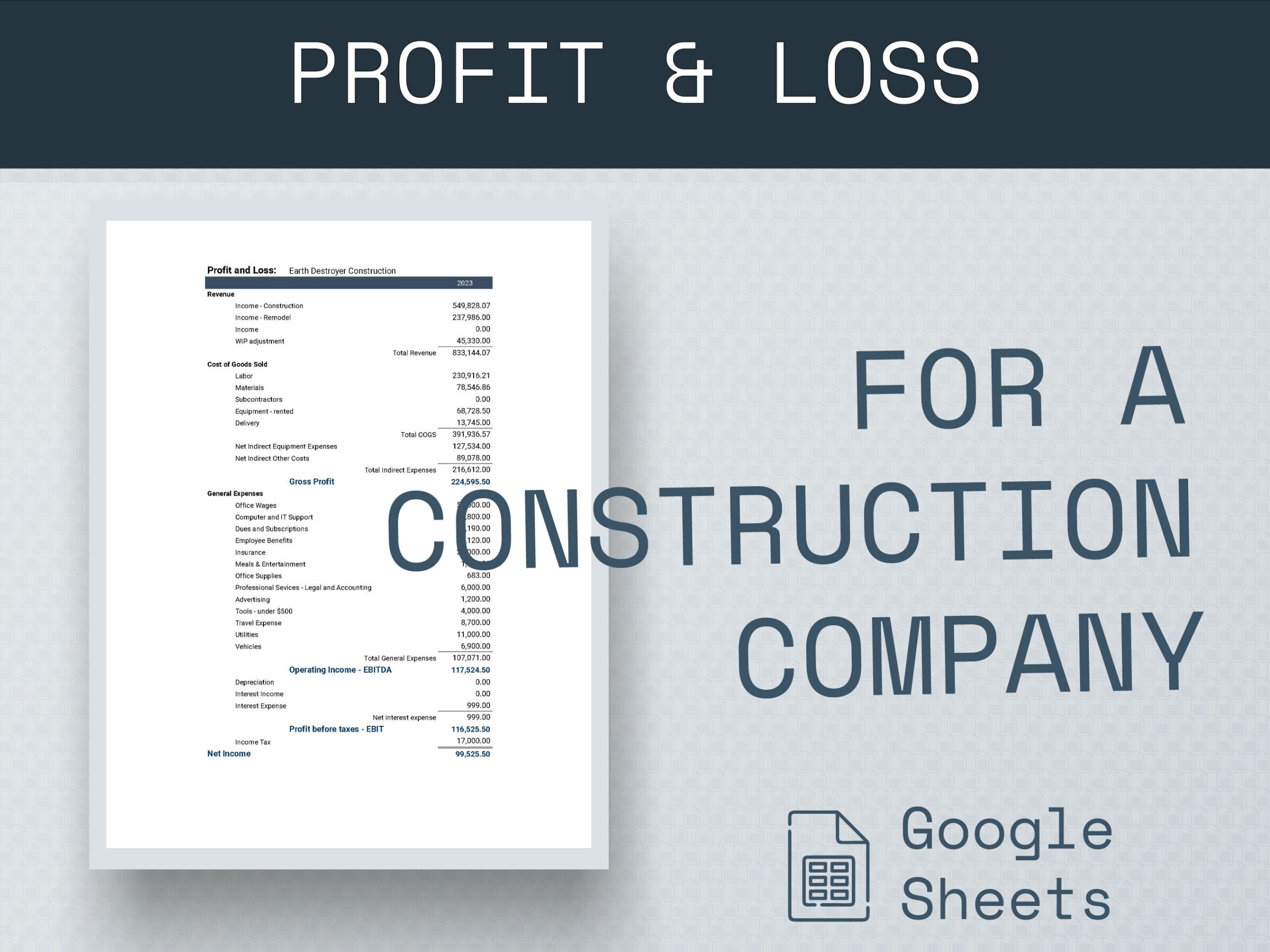 sample construction profit and loss statement template