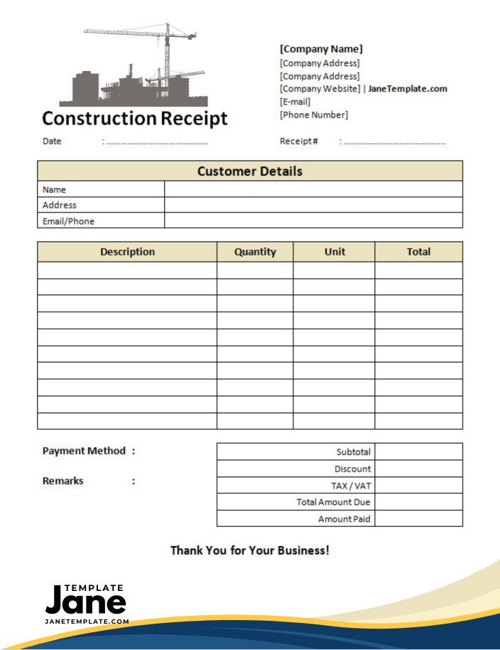 Example of printable blank construction receipt template