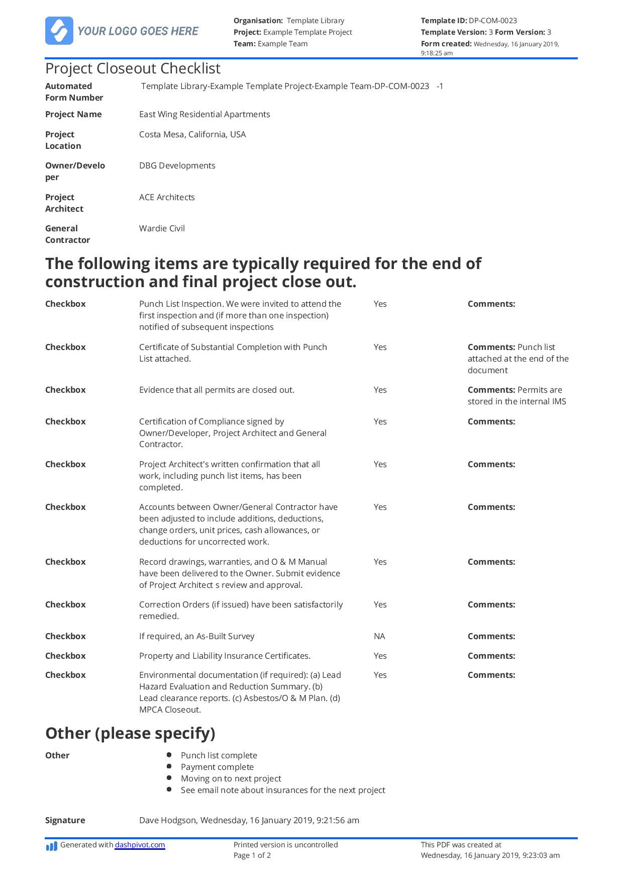 sample project closeout checklist template