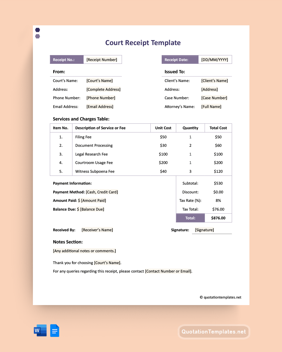 sample court payment receipt template