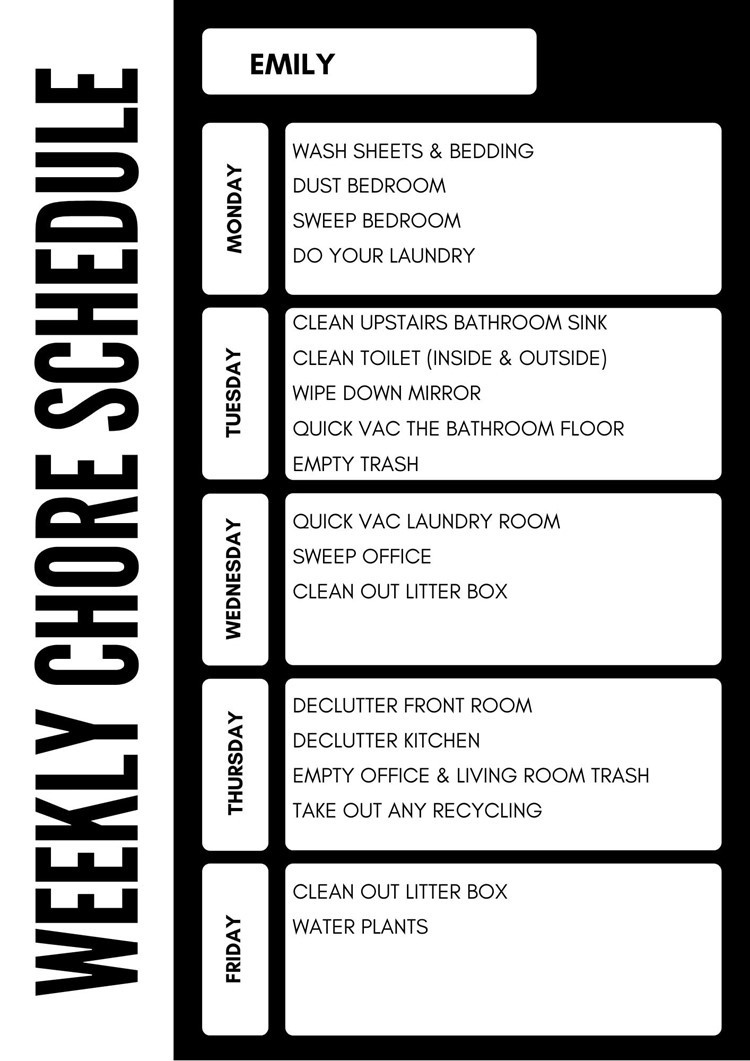 sample daily chores chart template