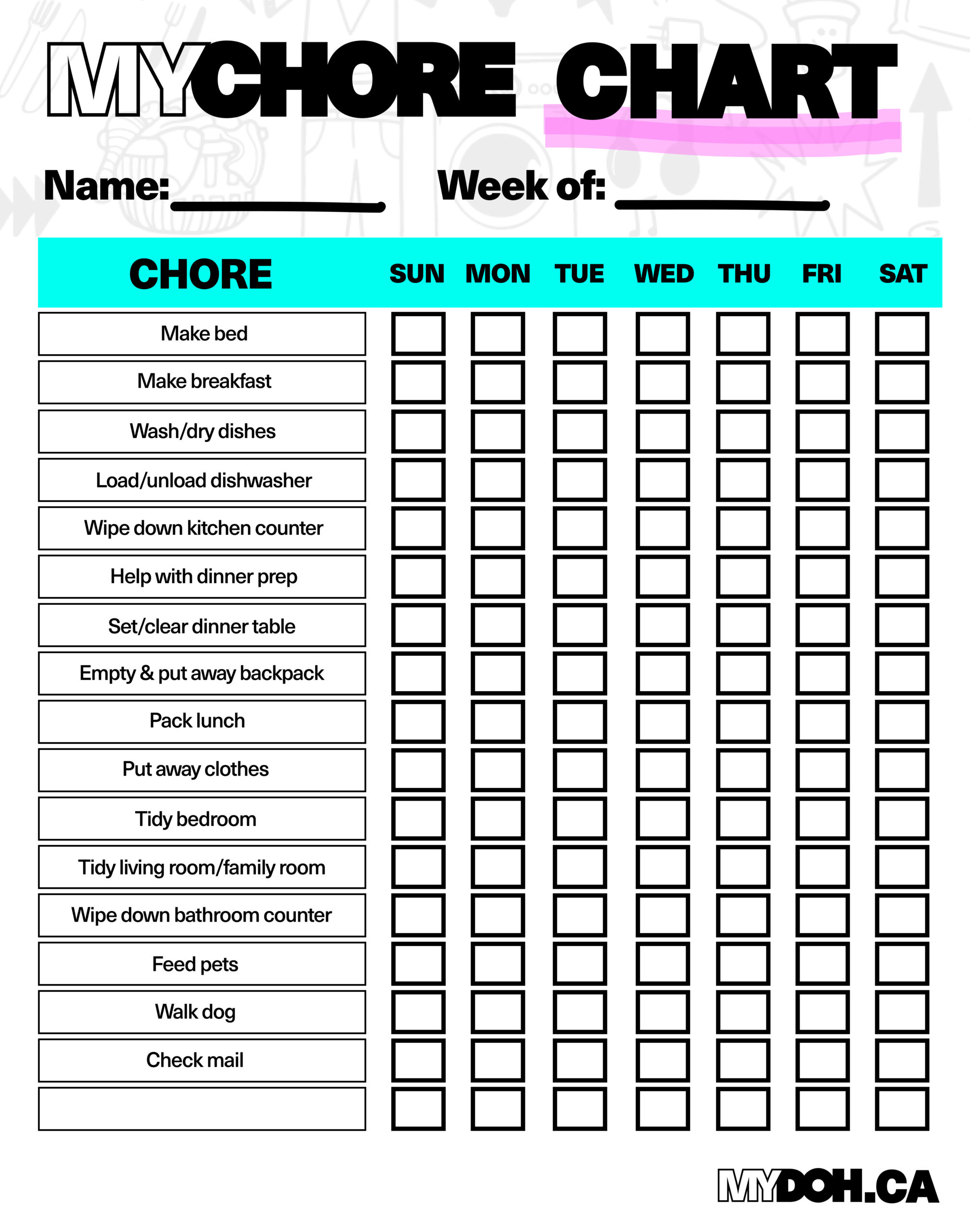 sample daily chores chart template