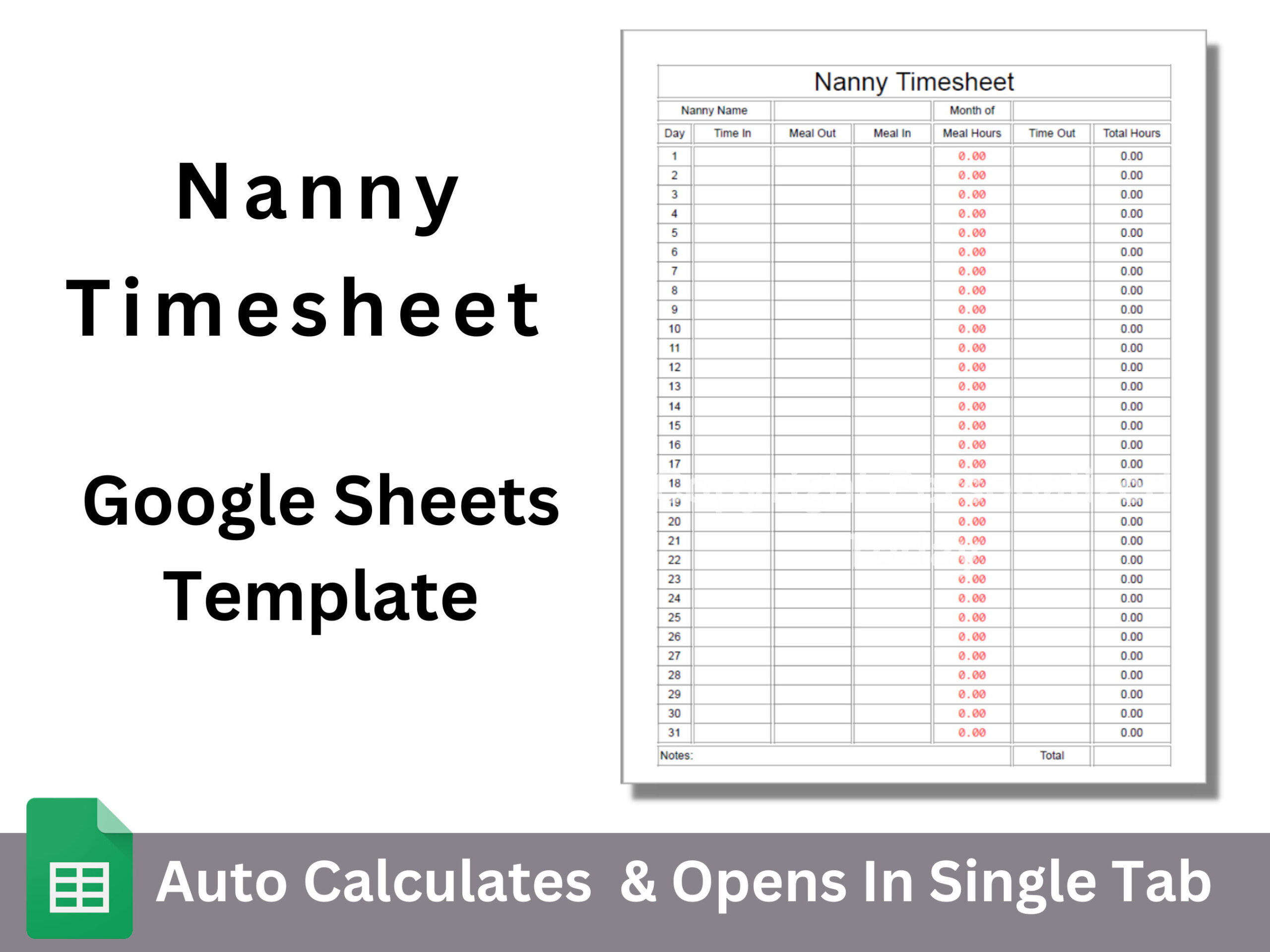 sample nanny timesheet template