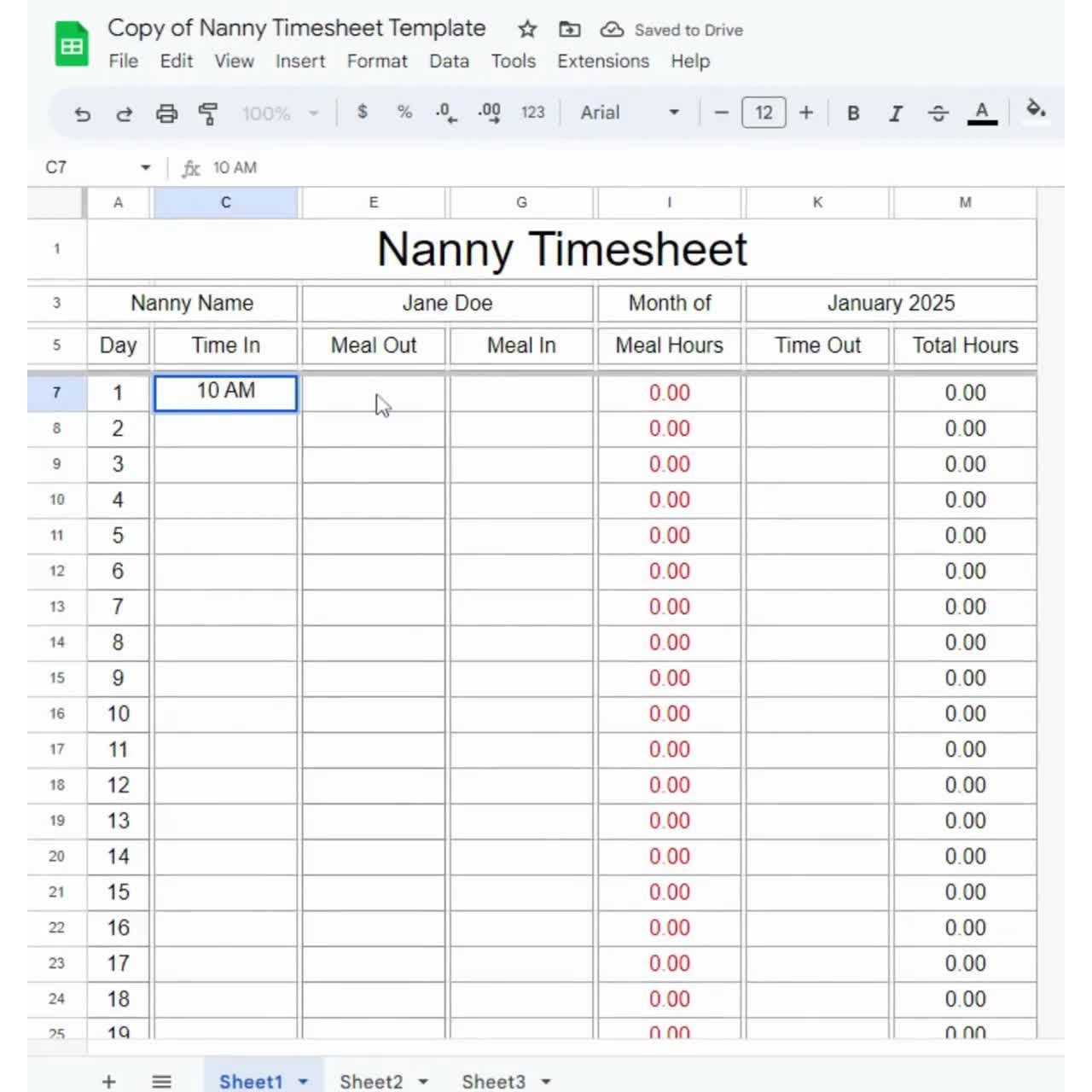 sample nanny timesheet template