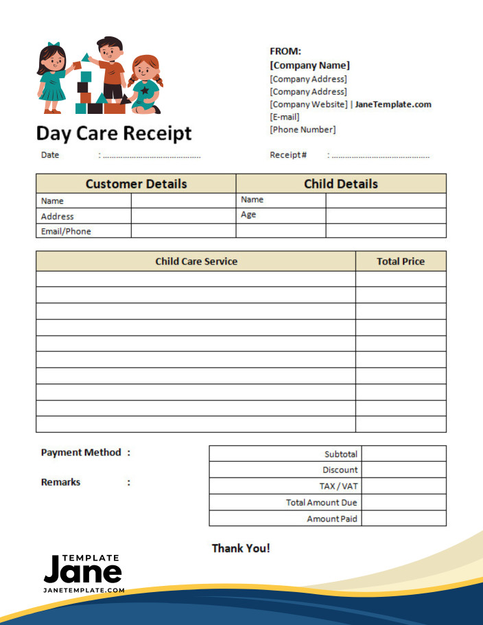 sample of printable daycare receipt template