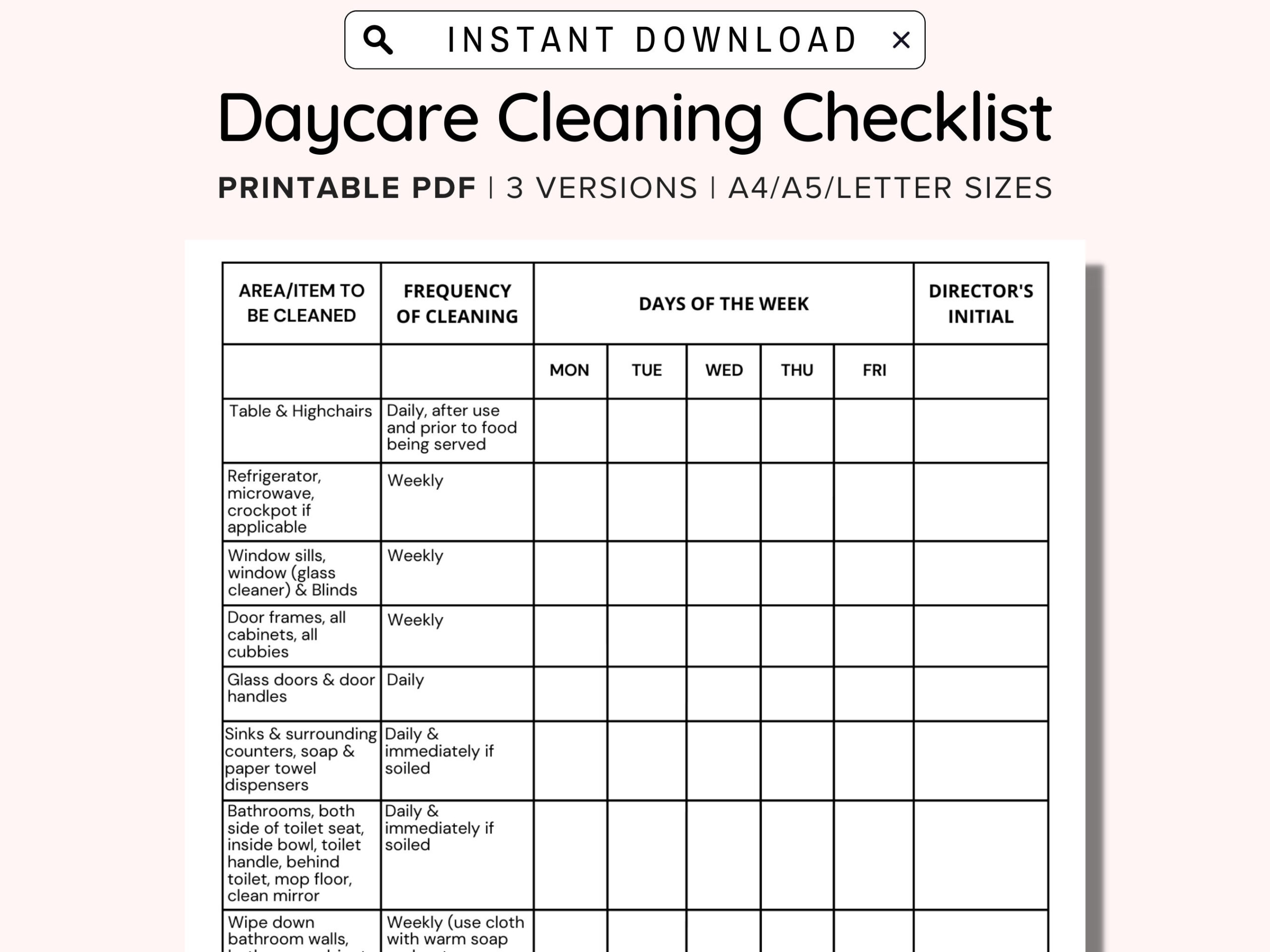 sample Daycare Cleaning Checklist Template