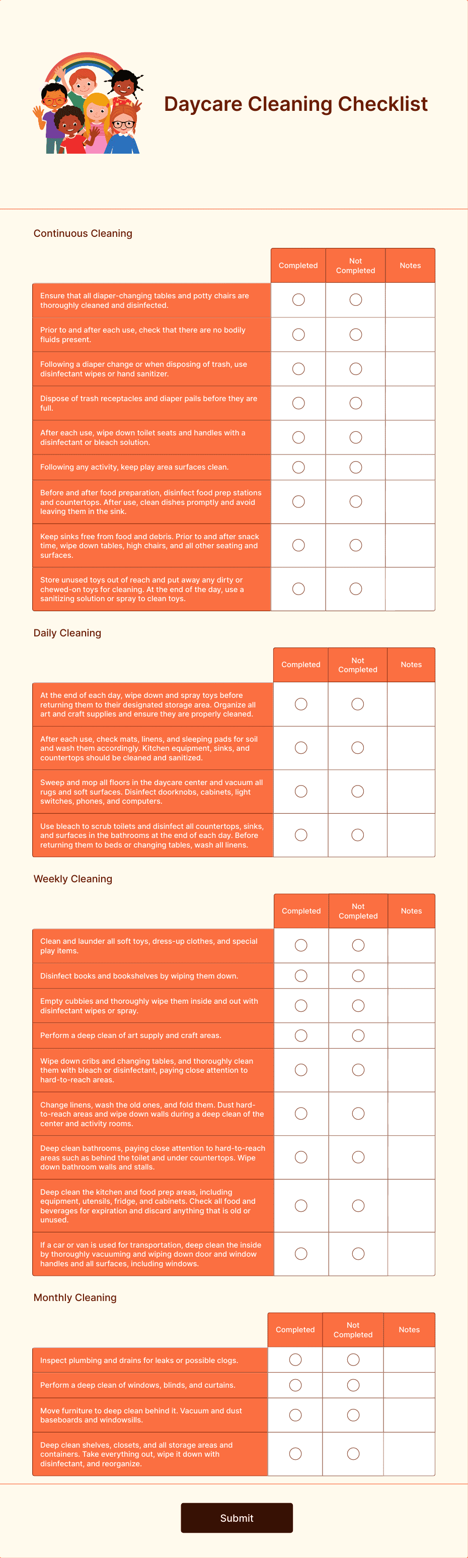 sample Daycare Cleaning Checklist Template