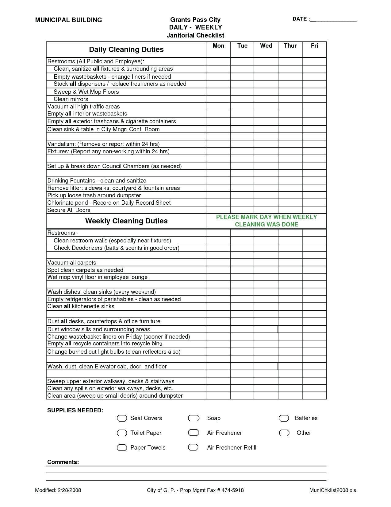 sample Daycare Cleaning Checklist Template