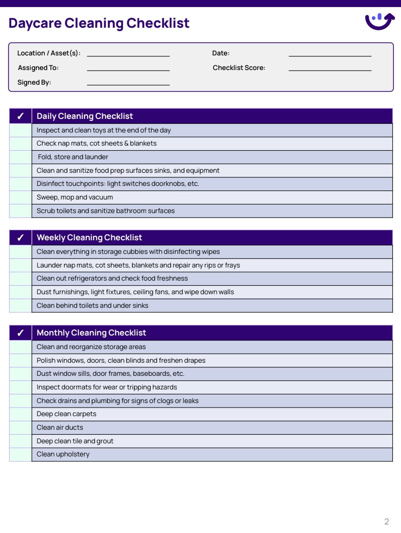 sample Daycare Cleaning Checklist Template