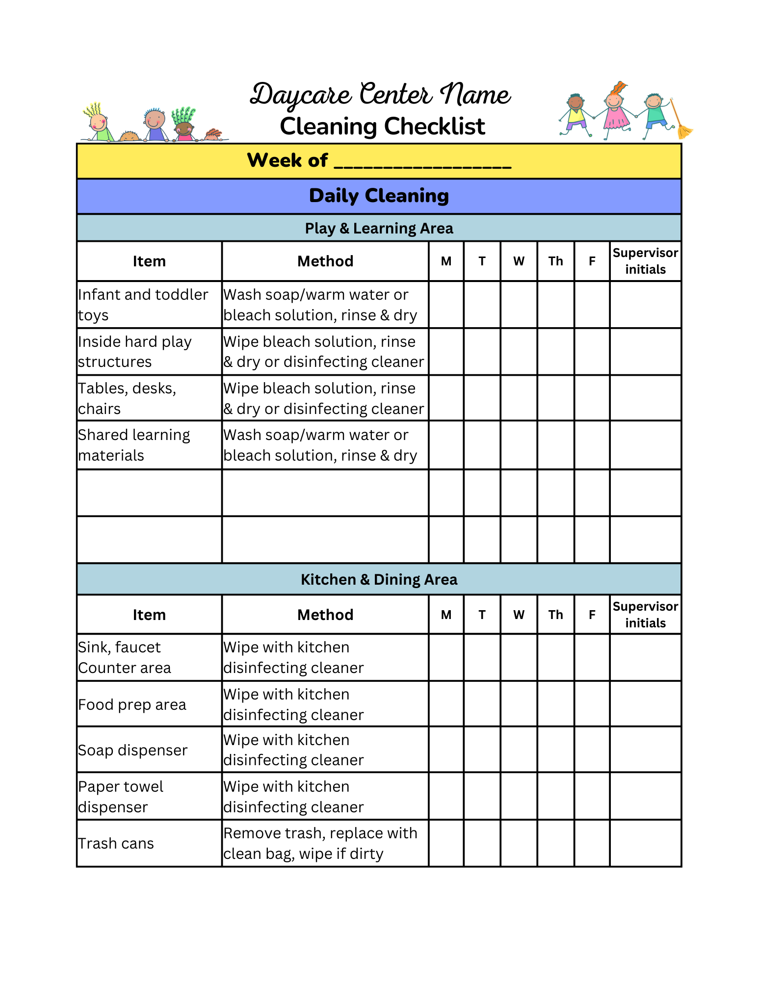 sample Daycare Cleaning Checklist Template