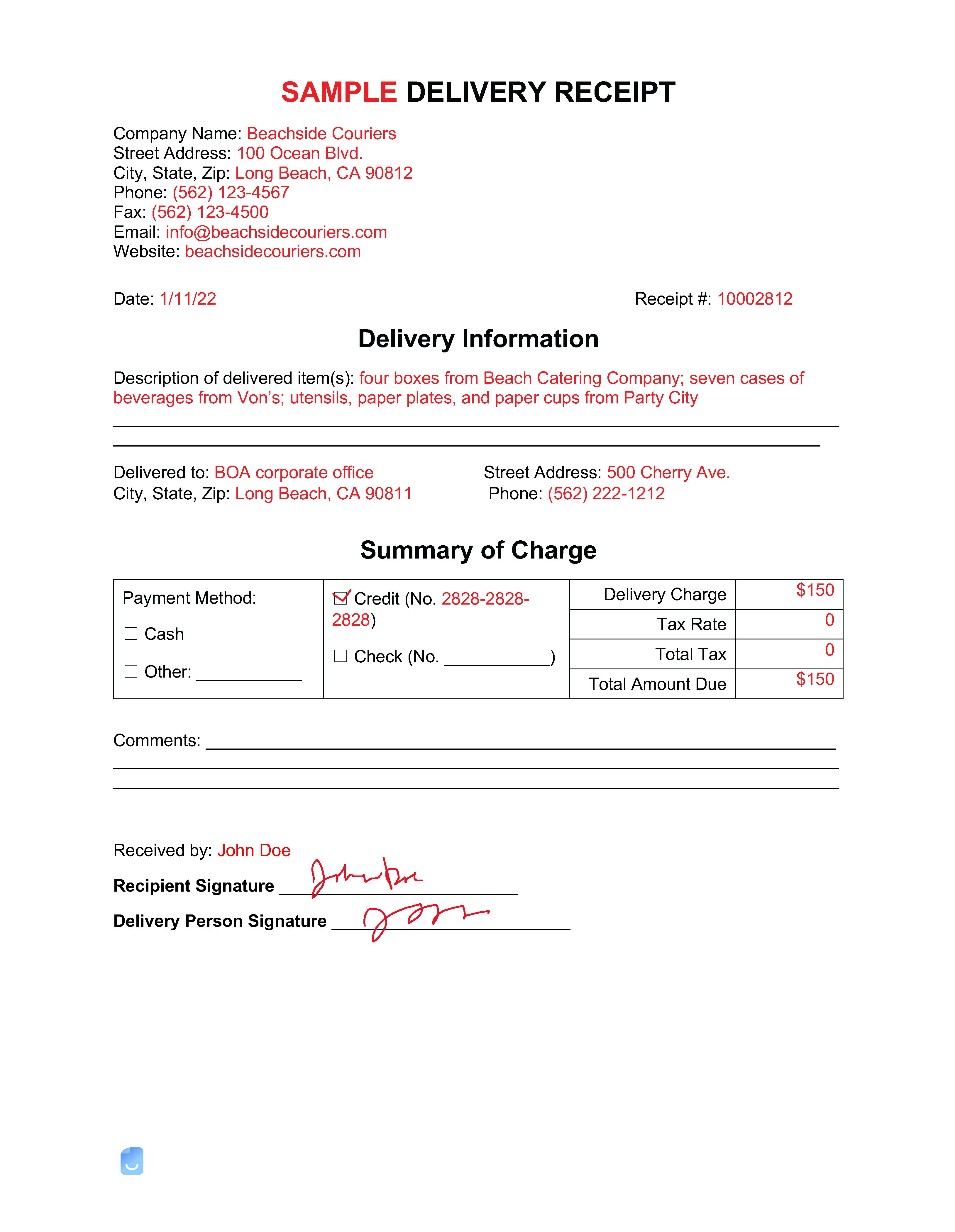 sample delivery receipt template