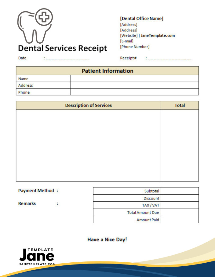 sample of printable blank dental receipt template