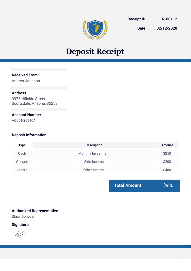 sample deposit receipt template