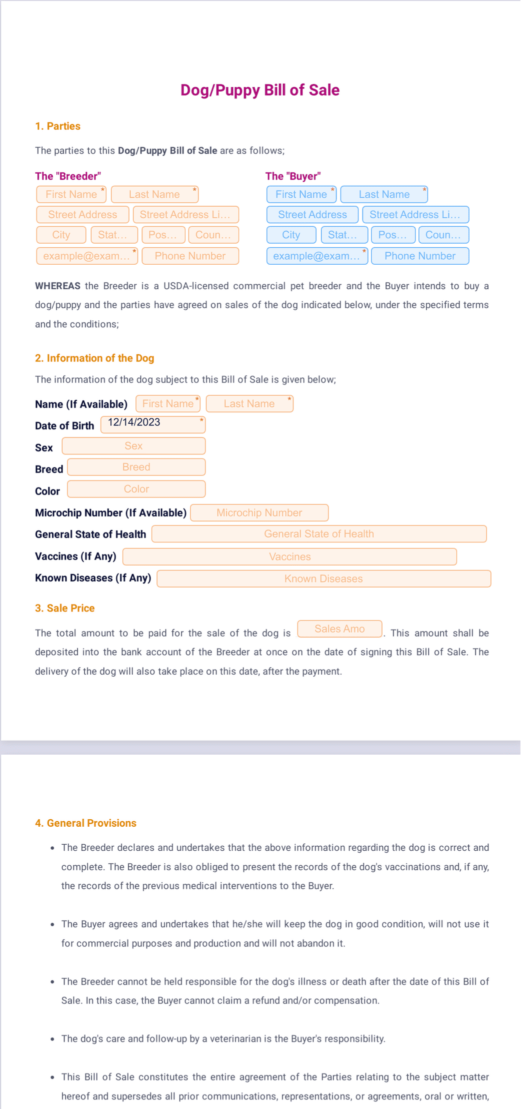 sample Dog/Puppy Bill of Sale Form