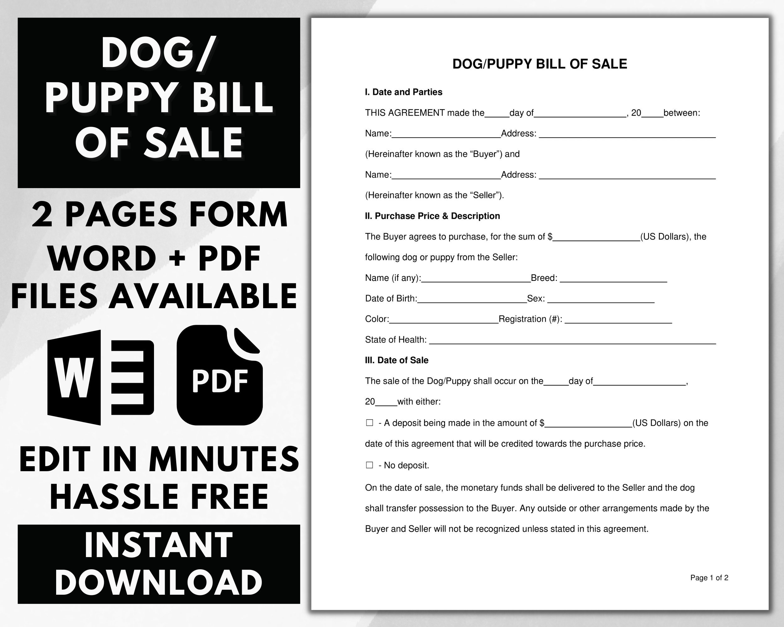 sample Dog/Puppy Bill of Sale Form