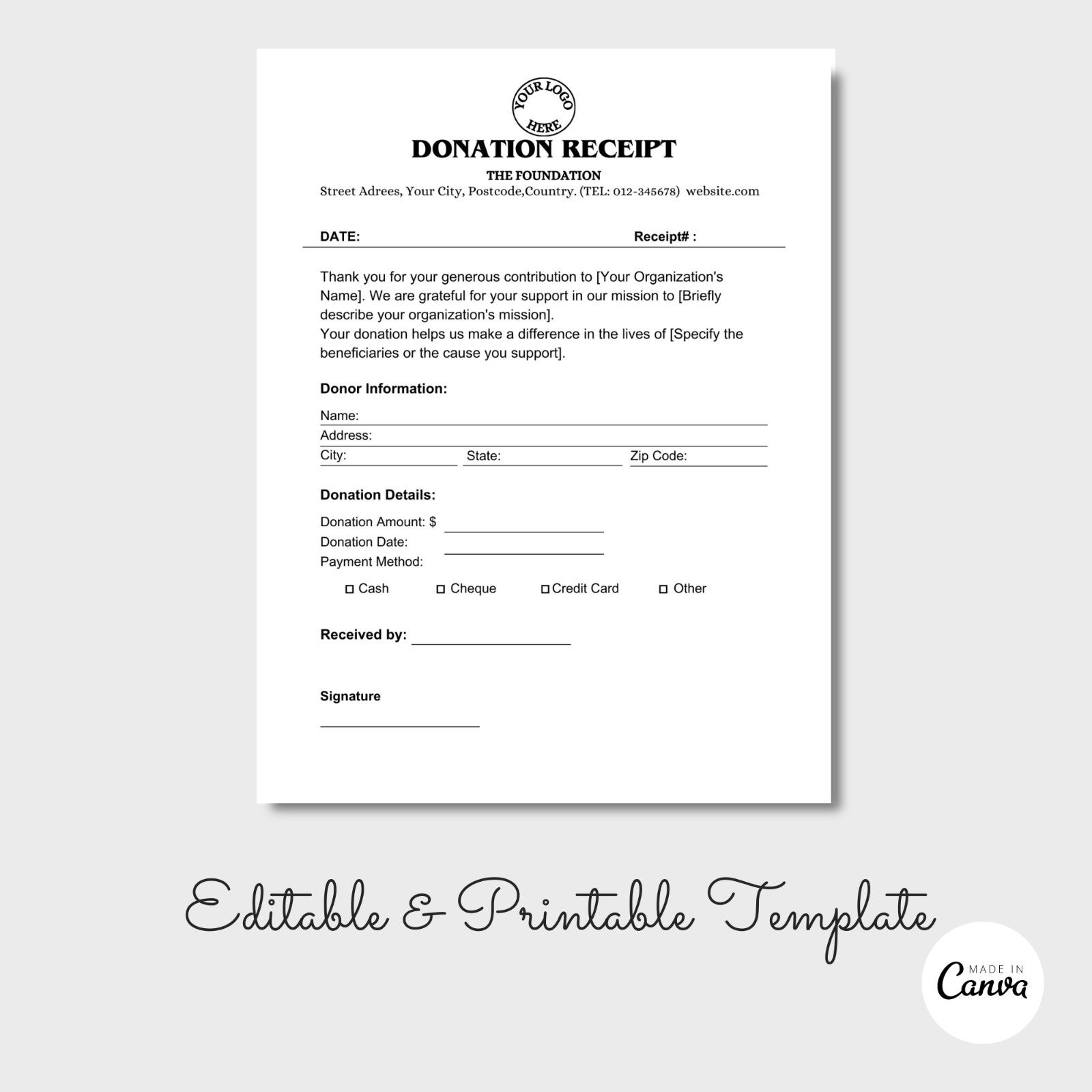 sample charitable donations receipt template