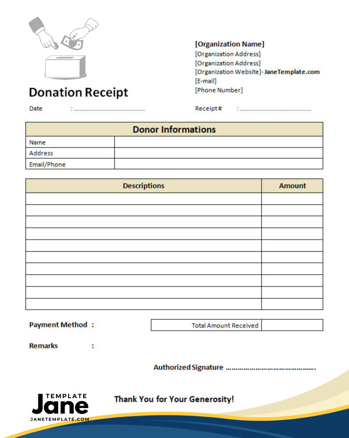 Example of printable blank donation receipt template