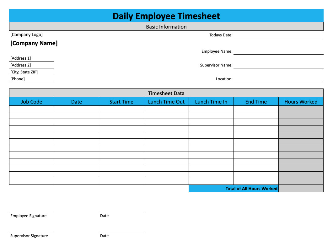 sample daily timesheet with tasks template