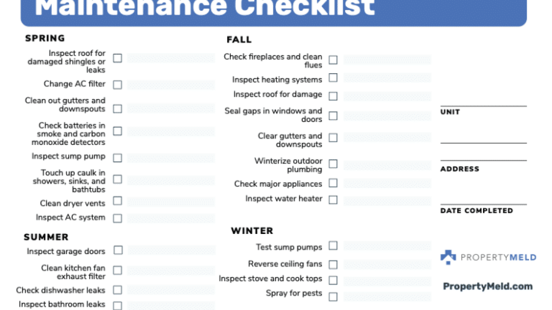 sample maintenance checklist template