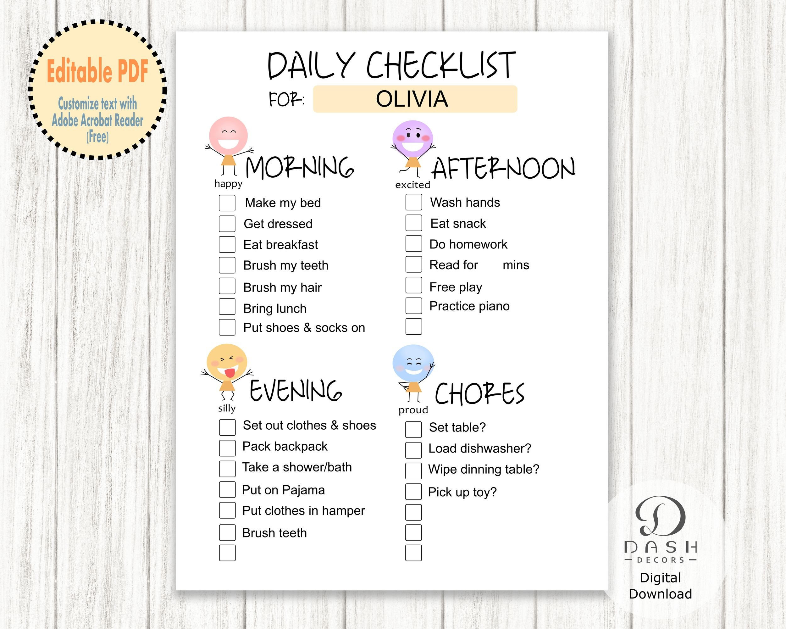 sample daily chores chart template