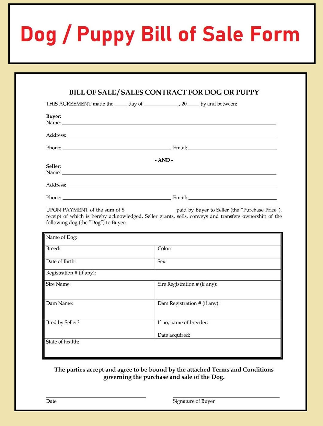 sample Dog/Puppy Bill of Sale Form