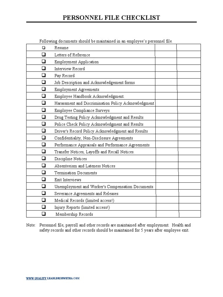 Printable Employee Files Checklist Template