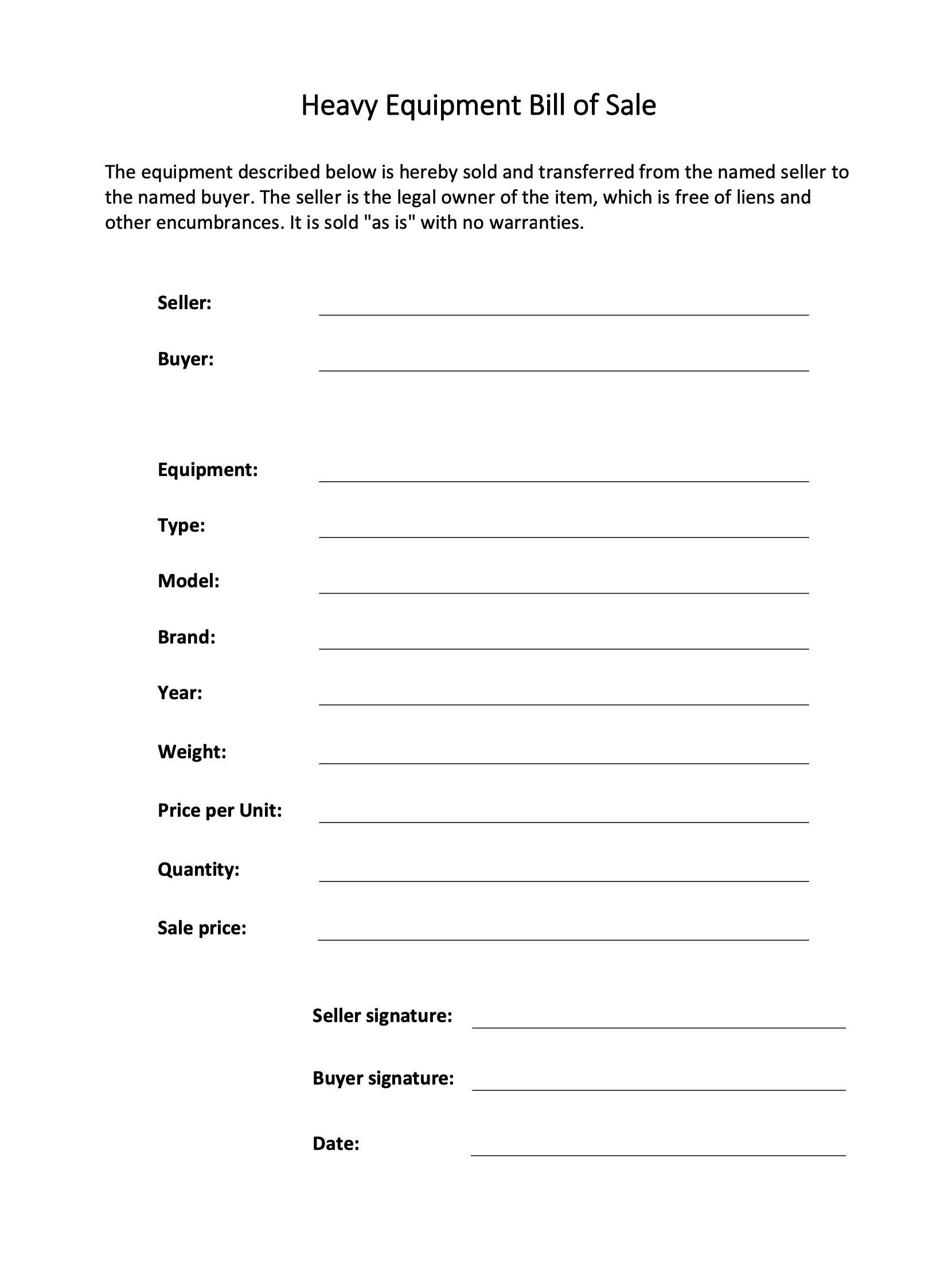 sample Equipment Bill of Sale Form