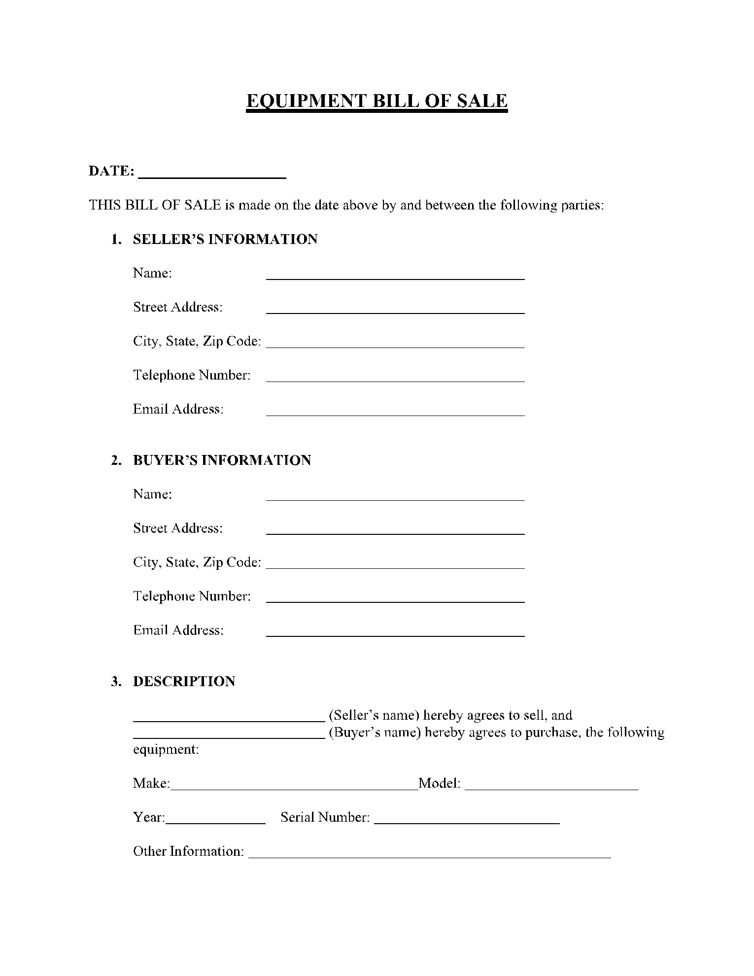 sample Equipment Bill of Sale Form