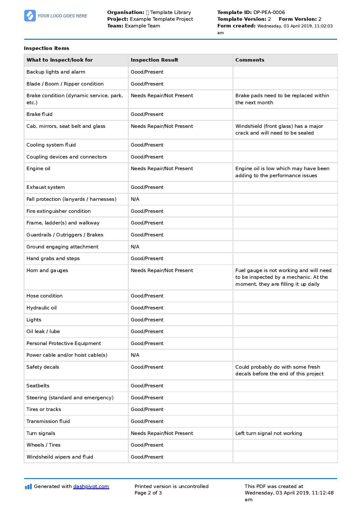 sample equipment checklist template