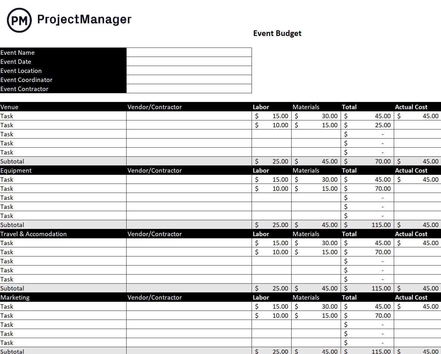 sample budget template for event