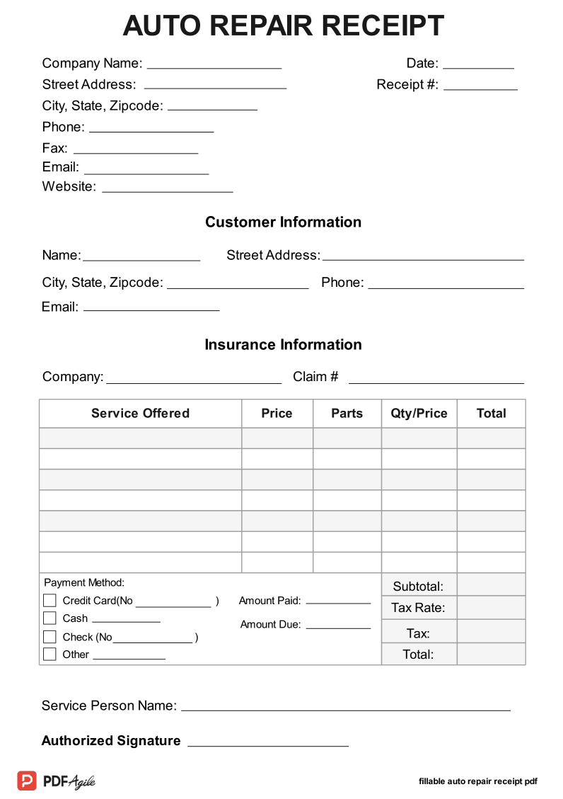 sample mechanic shop receipt template