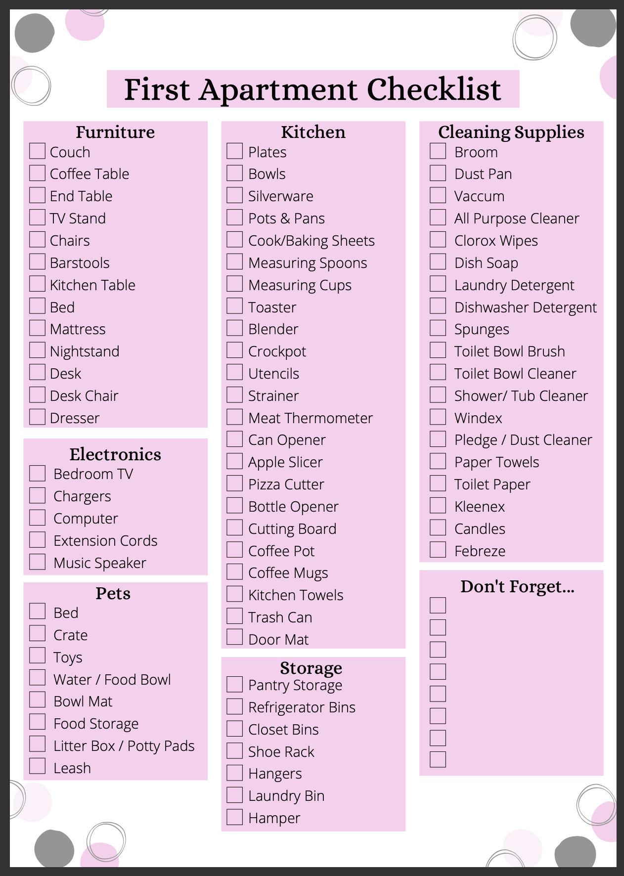 sample First Apartment Checklist Template